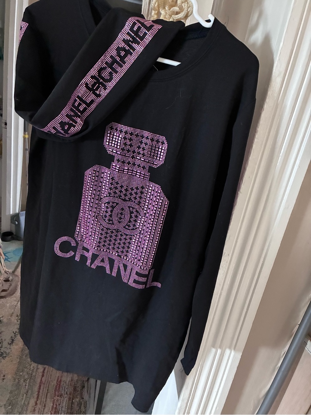 Unbranded Designer Black dress with Pink Rhinestone Perfume Motif